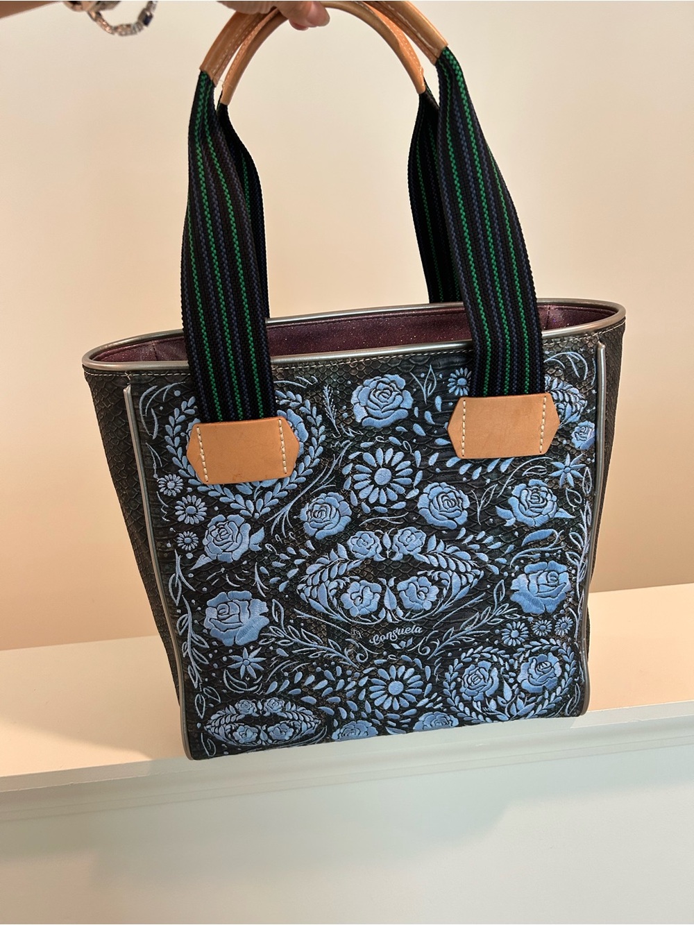 Consuela’s NWT Sold Out Beso blue Floral Tote Bag with Leather Accents